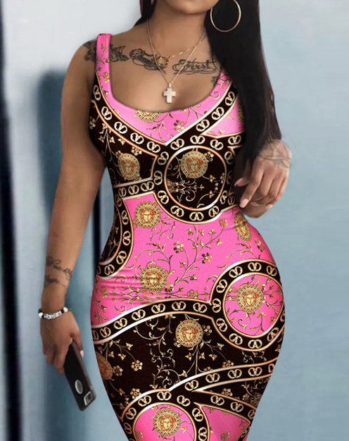Tight Printing Vest Sleeveless Dress