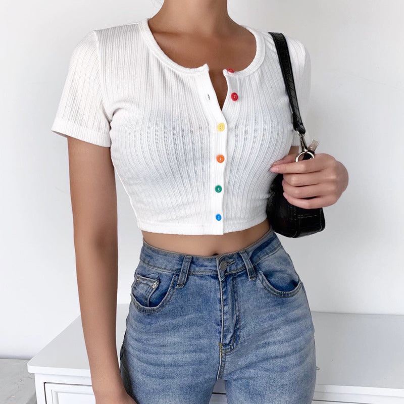 Fashion Temperament Solid Color Breasted Pit Striped T-Shirt T-Shirt