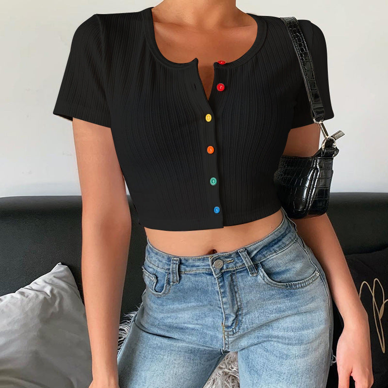 Fashion Temperament Solid Color Breasted Pit Striped T-Shirt T-Shirt
