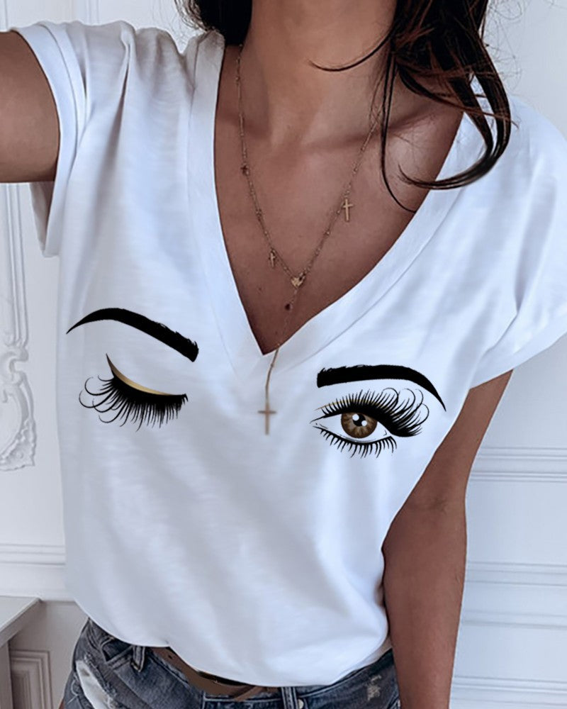 V-Neck Solid Color Short-Sleeved T-Shirt Top