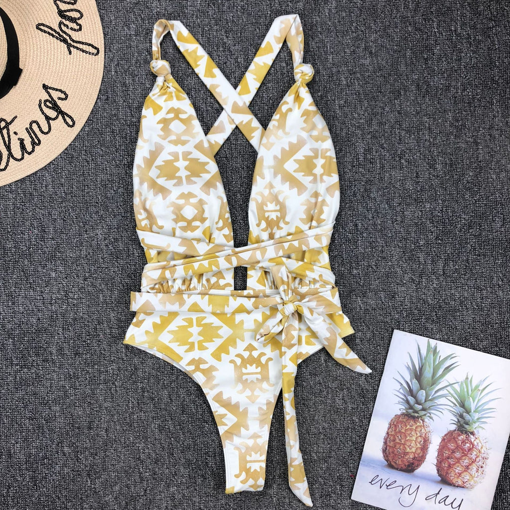 Printed V-Neck One-Piece Swimsuit Bikini
