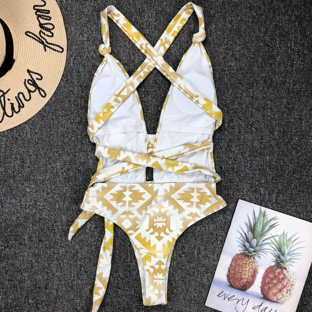 Printed V-Neck One-Piece Swimsuit Bikini