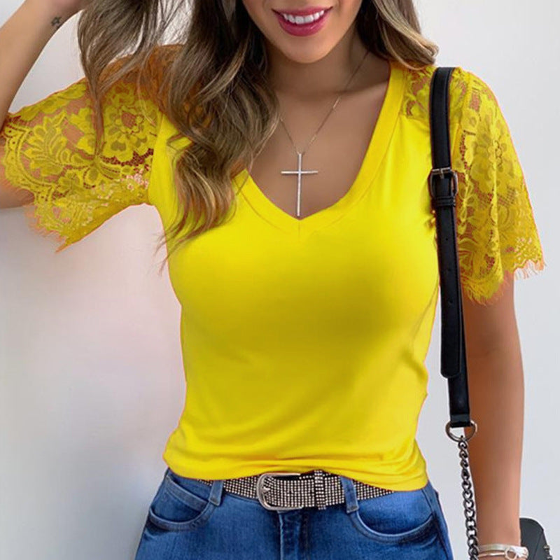 Women'S V-Neck Lace Short Sleeve Splicing T-Shirt
