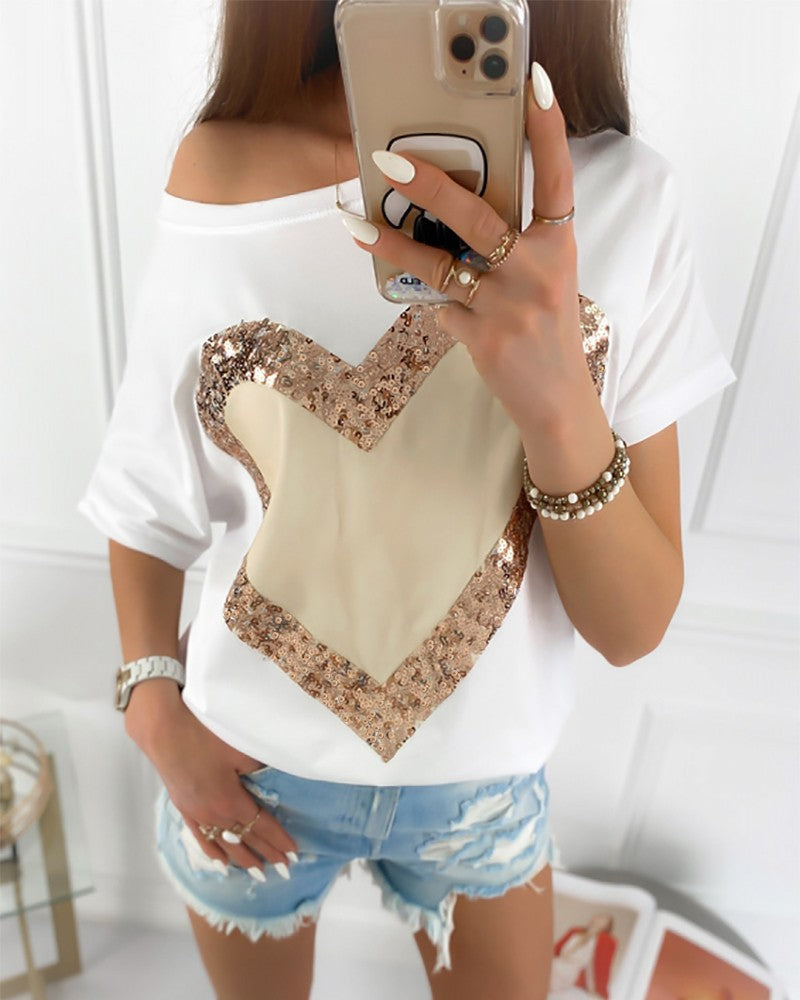 Casual Round Neck Sequined Short Sleeve T-Shirt