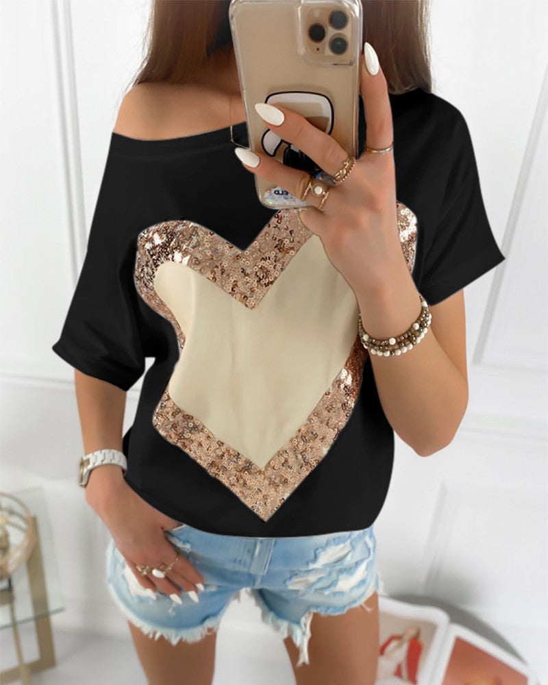 Casual Round Neck Sequined Short Sleeve T-Shirt