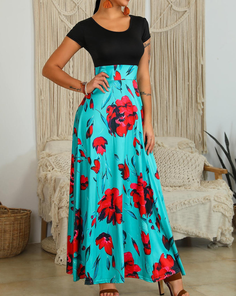 Round Neck Short Sleeve Print Splicing High Waist Dress