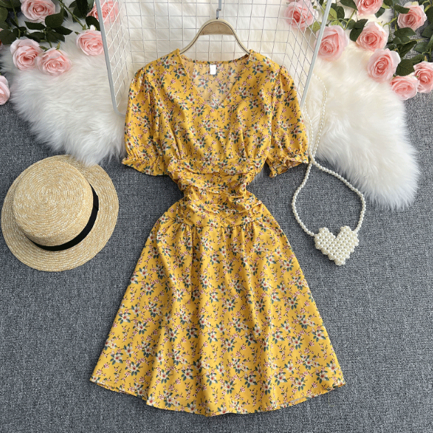 V-Neck Short-Sleeved Chiffon Floral Loose Dress