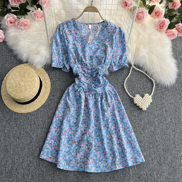 V-Neck Short-Sleeved Chiffon Floral Loose Dress
