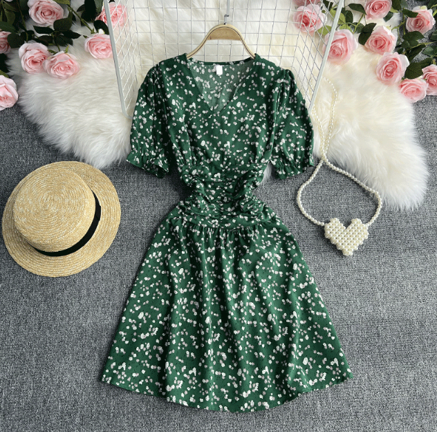 V-Neck Short-Sleeved Chiffon Floral Loose Dress