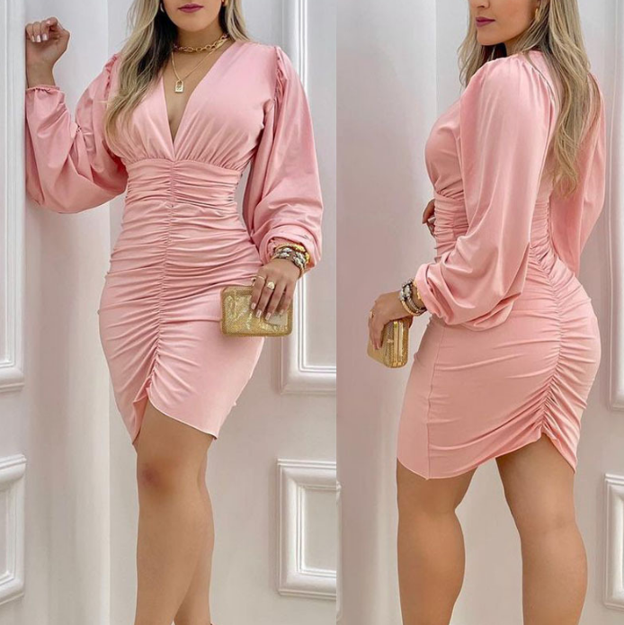 Deep V-Neck Sexy Long Sleeve Tight Dress