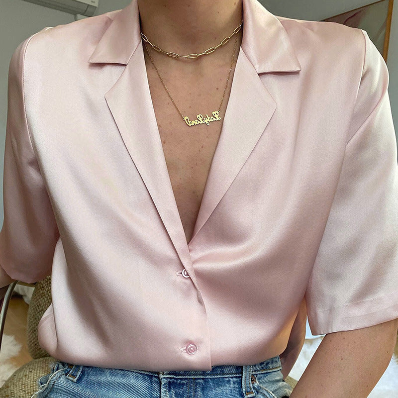 Short-Sleeved Solid Color Cardigan Shirt Top