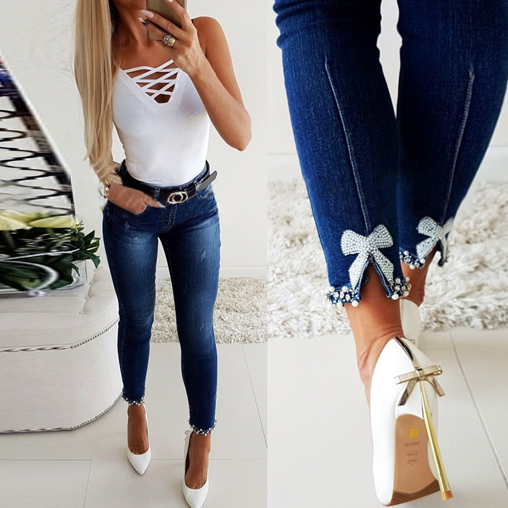 Slim Butterfly Beaded Jeans