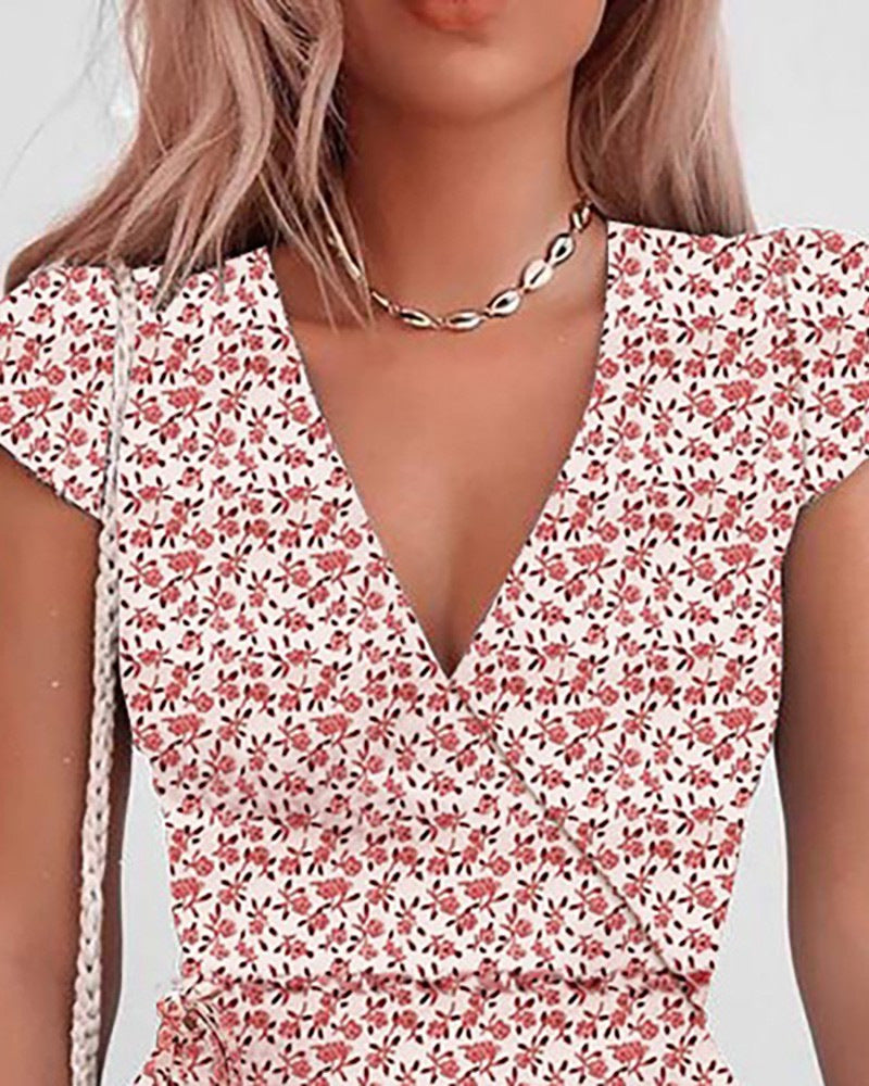 V-Neck Sweet High Waist Floral Dress