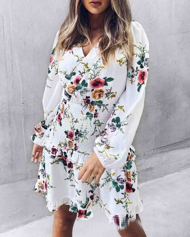 Women's White Floral V-Neck Long Sleeve Dress