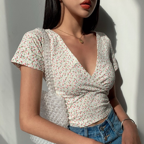 Vintage Floral Cross V-Neck Slim Short Sleeve T-Shirt Top