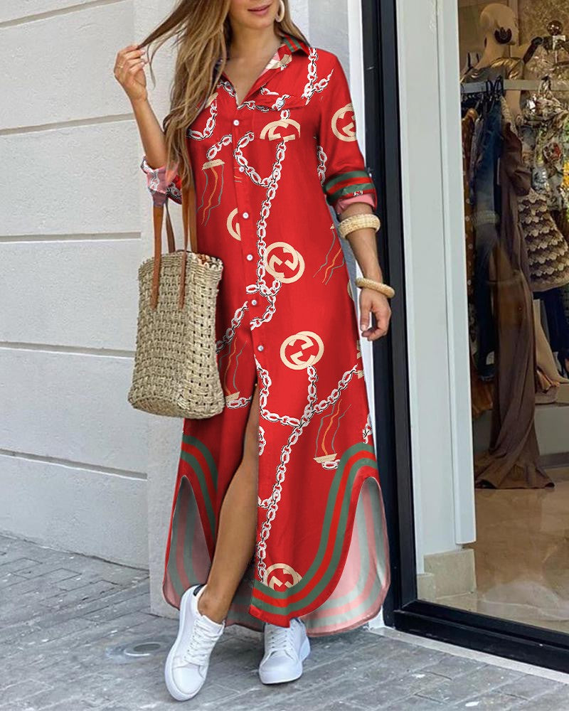 Fashion Sexy Chain Long Sleeve Printed Dress