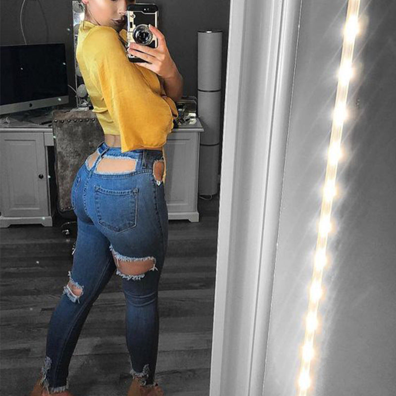 Casual Elastic Hole Denim Pants