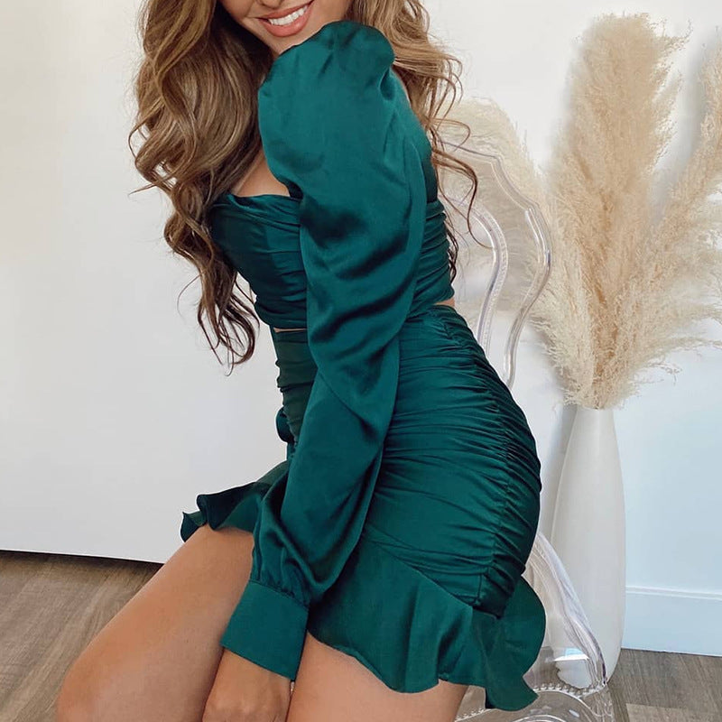 Solid Color Women'S Sexy Long-Sleeved High-Waist Two-Piece Suit