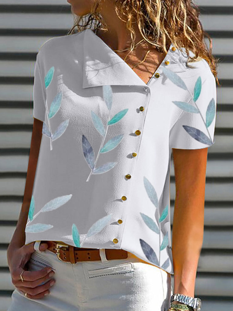 Fashion Button Irregular Short-Sleeved Solid Color Blouse Shirt