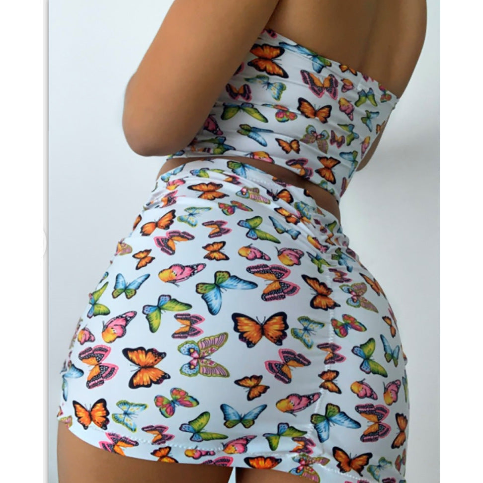 Fashion High Waist Butterfly Print Sleeveless Two-piece Set