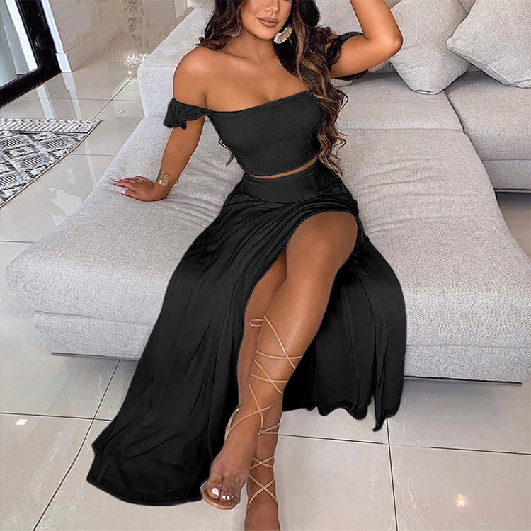 Solid Color Chiffon High Waist Two-Piece Dress