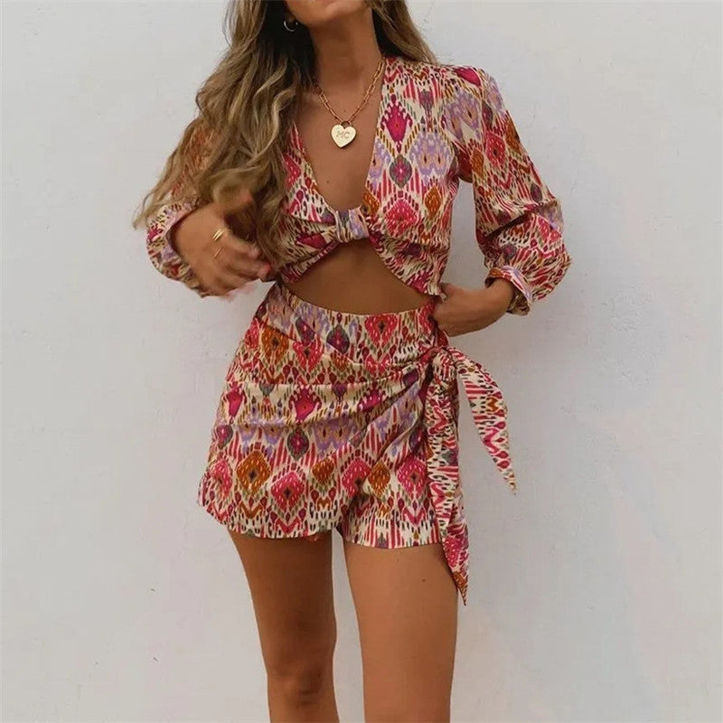 Women's Fashion Sexy Long Sleeve Deep V Neck Design Two Piece Set