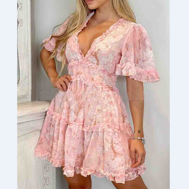 Elegant Floral V-neck Printed Dress