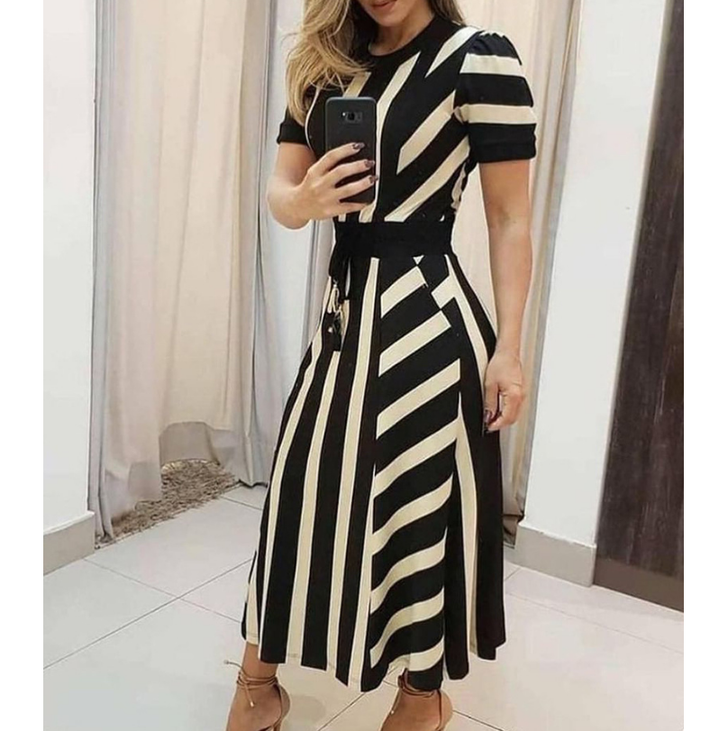 Round Neck Black Striped Short Sleeve Dress