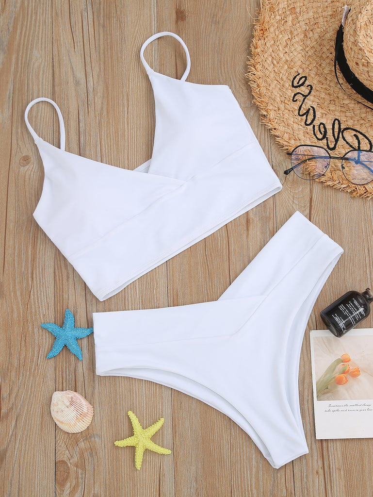 Solid Color Bikini V-Neck High Waist Swimsuit