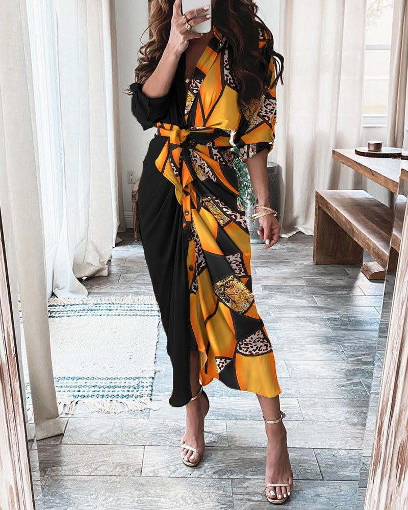 Long Sleeve Women'S V-Neck Button Printed Dress