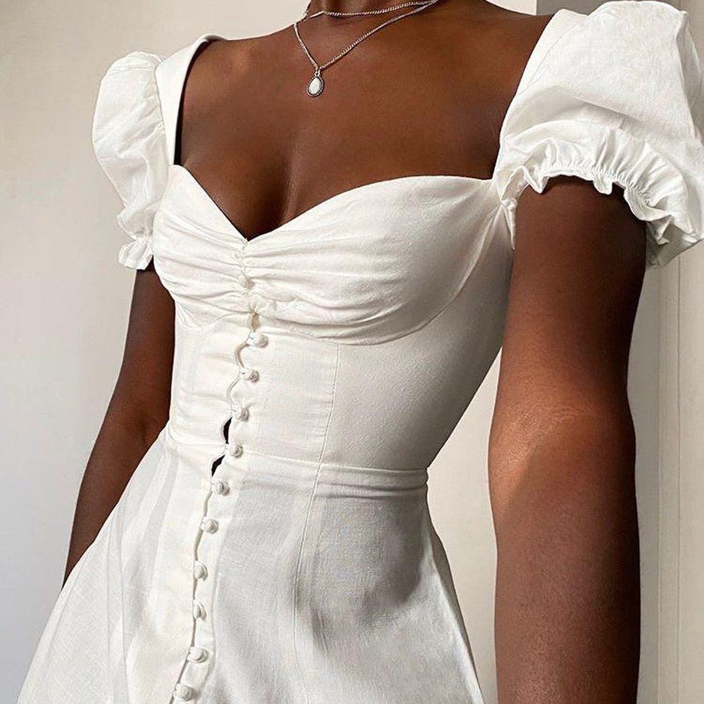 Solid Color Bubble Short-Sleeved Slim High Waist Princess Dress