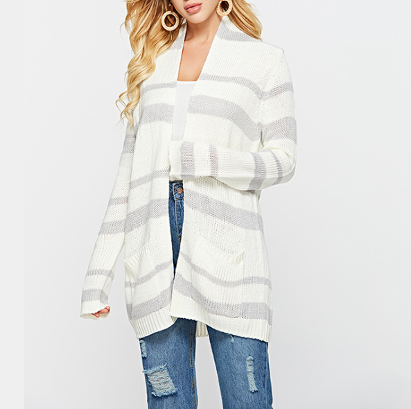 Women'S Striped Knit Cardigan Coat Sweater