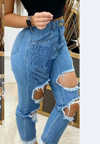 Casual Elastic Hole Denim Pants