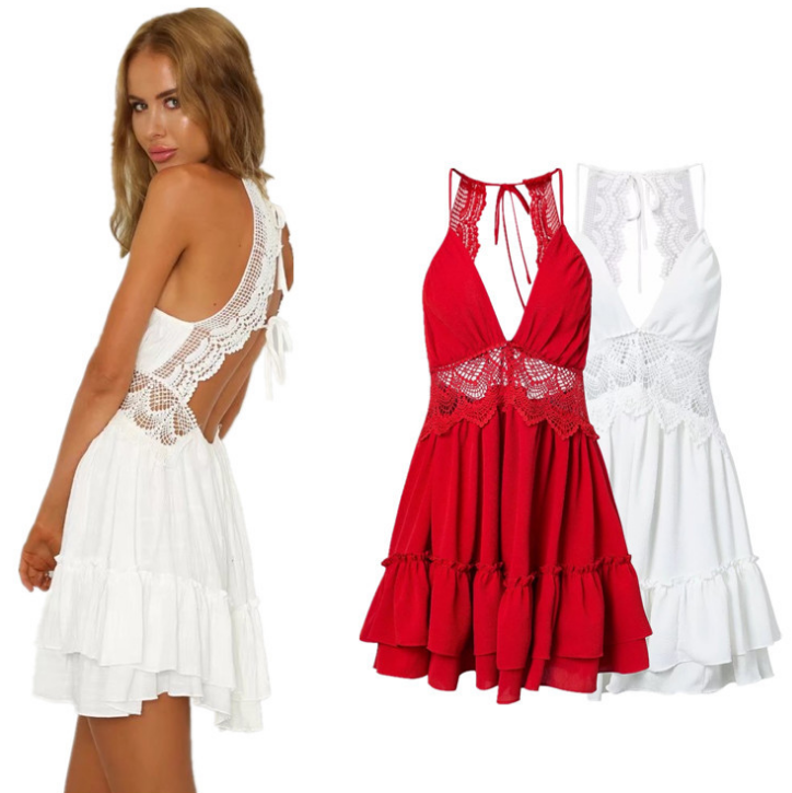 Women'S Sexy Halter Stitching Lace Dress