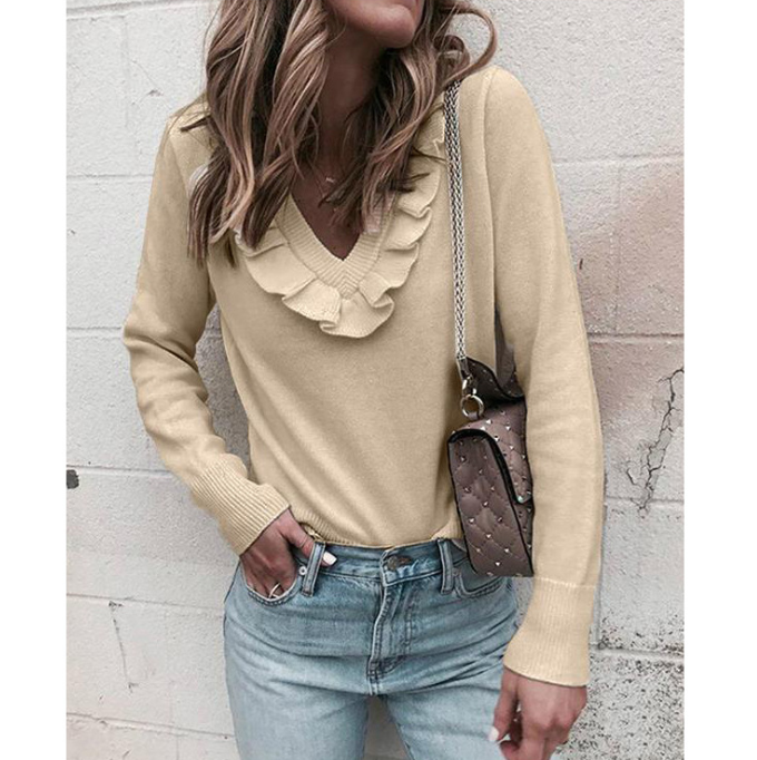 Sweet V-Neck Long-Sleeved Flounced T-Shirt