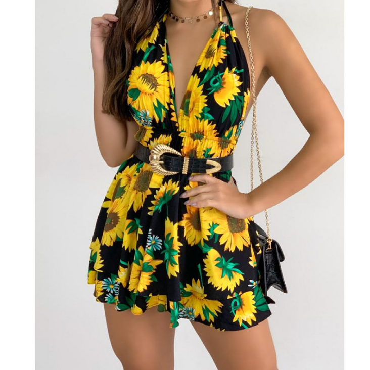 V-Neck Printed Women'S Ruffled Strap Dress