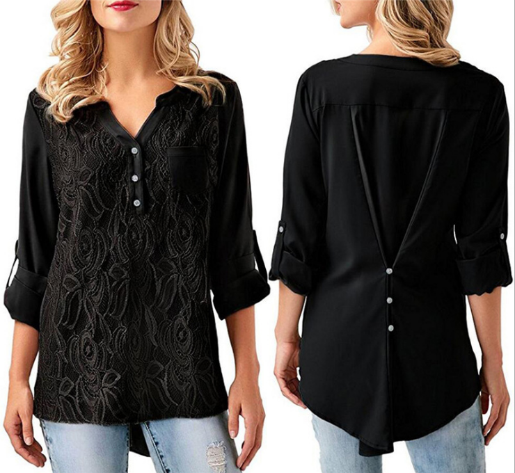 Women'S V-Neck Long Sleeve Chiffon Shirt