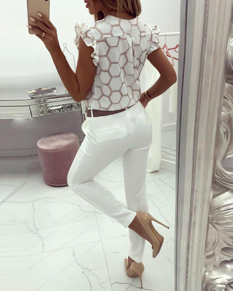 V-Neck Printed Flounced Sleeveless Shirt