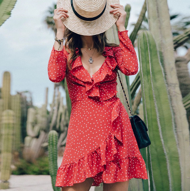 Ruffle Star Print Deep V Neck Long Sleeve Wrap Dress