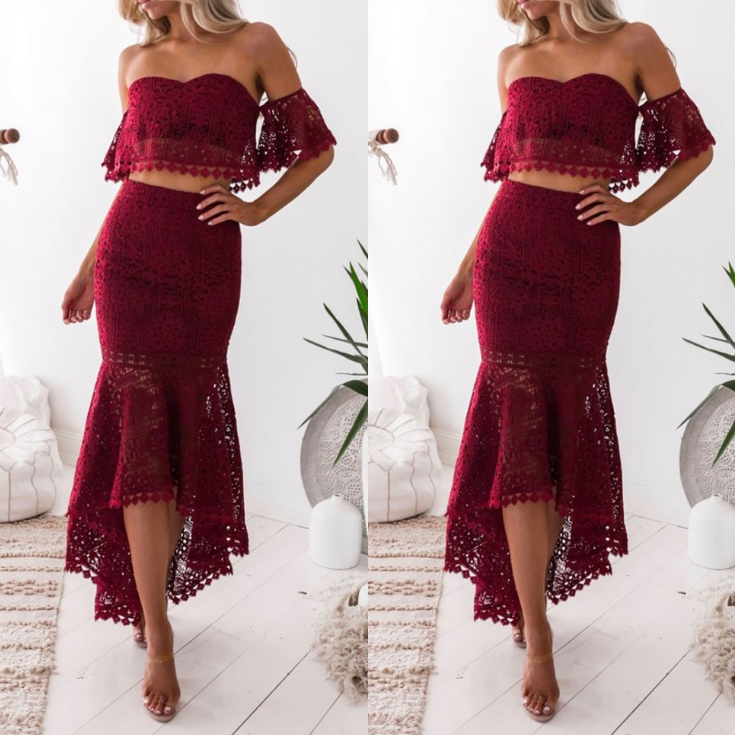 Elegant Solid Color Strapless Lace Two-Piece Dress