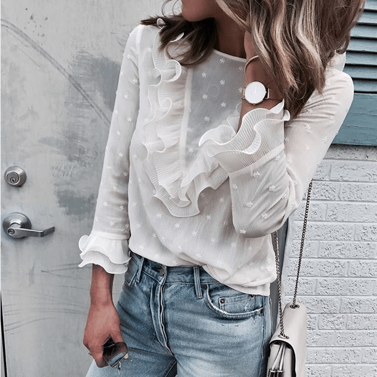 Fashion White Long Sleeve Round Neck Top