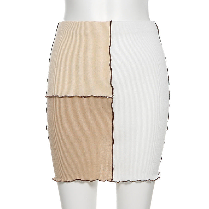 Fashion Stitching Contrast Color Slim High Waist Skirt