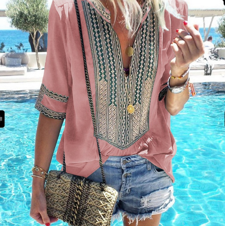 Casual Large Size Striped V-Neck T-Shirt