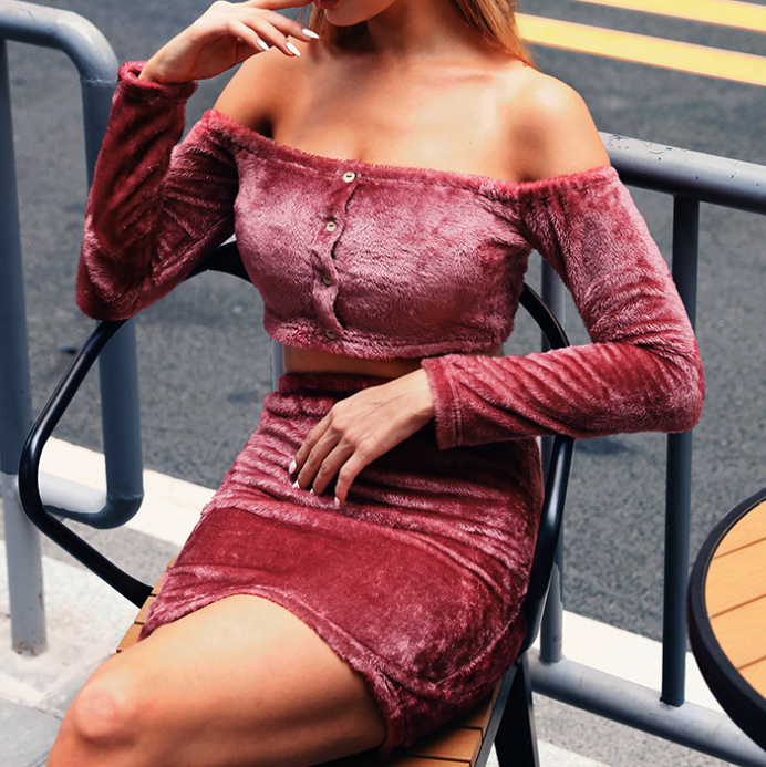 Long Sleeve One-Shoulder Button Two-Piece Suit