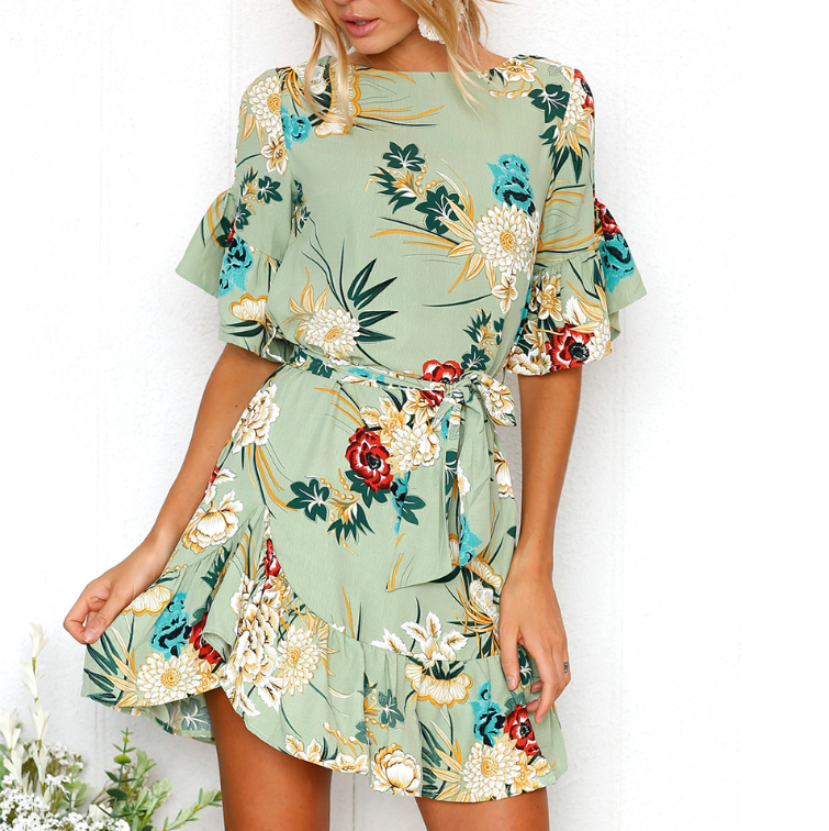 Print Round Neck Lotus Leaf Mini Dress