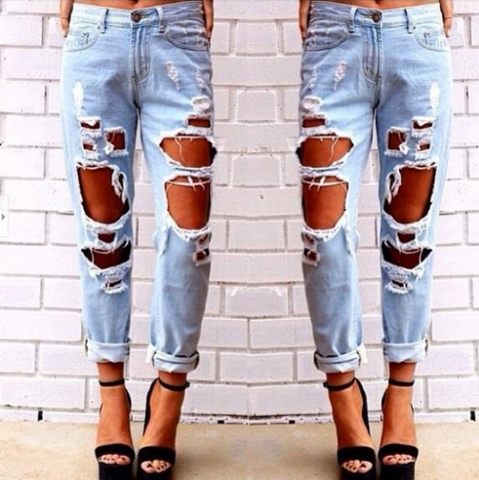 Casual Elastic Hole Denim Pants