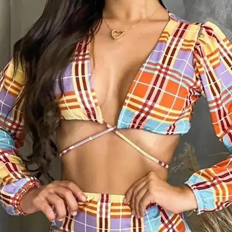 Temperament Plaid Long-Sleeved V-Neck Fashion Casual Two-Piece Suit