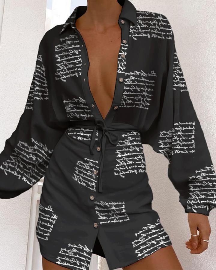 Casual High Waist Button Long Sleeve Dress