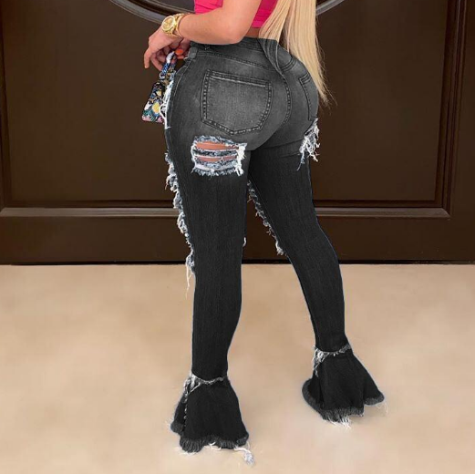 Women Flounced Ripped Denim Trousers