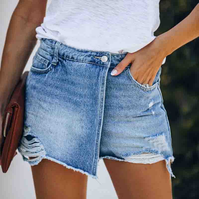Solid Color Women'S Ripped Denim Shorts